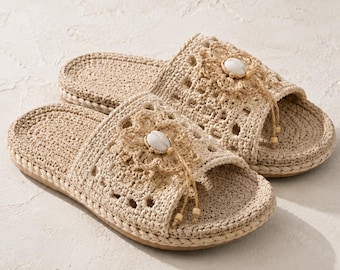 Crochet Slippers Pattern PDF, Summer House Slippers, Boho Sandals, Raffia Slide Sandals, Women's Crochet Shoes