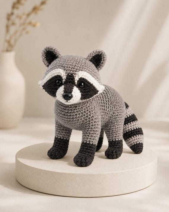 Crochet Raccoon Plush, Handmade Amigurumi Raccoon Toy, Woodland Stuffed Animal, Forest Nursery Decor, Baby Gift
