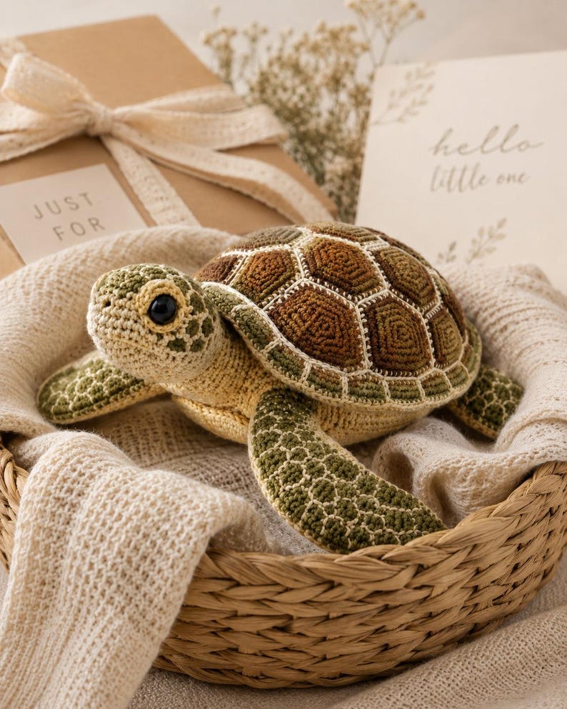 Pu&ograve; includere: Un giocattolo a forma di tartaruga marina all'uncinetto con parte inferiore color crema, testa e pinne verde oliva e un guscio composto da toppe esagonali marroni e verdi delineate con filo bianco. La tartaruga ha due occhi in plastica nera.