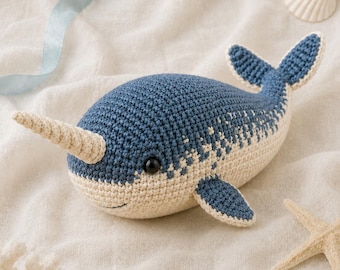 Schema all'uncinetto per narvalo in PDF, schema amigurumi per narvalo, tutorial per balena all'uncinetto, peluche di animale marino, giocattolo a tema vita marina