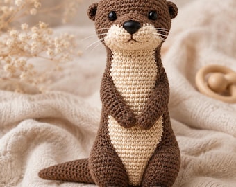 Peluche di lontra all'uncinetto, giocattolo amigurumi di lontra fatto a mano, animale di peluche, decorazione per cameretta a tema bosco, regalo per baby shower