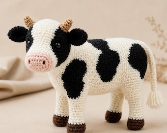 Mucca di peluche all'uncinetto, giocattolo mucca amigurumi fatto a mano, animale di peluche Holstein, decorazione per la cameretta a tema fattoria, regalo per baby shower