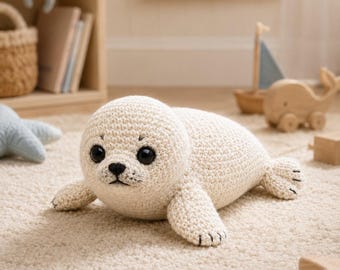 Schema PDF per realizzare una foca all'uncinetto, amigurumi di una foca cucciola, peluche di un animale marino, giocattolo a tema vita marina, tutorial per realizzare una foca all'uncinetto
