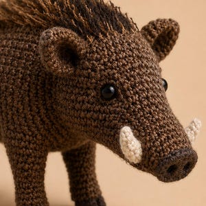 May include: A brown crocheted wild boar toy featuring a textured mane with dark brown and tan yarn, two small cream-colored tusks, black bead eyes, and dark brown hooves. The body is crafted with a dense, uniform stitch pattern throughout.