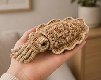 イカの編み図（PDF）、リアルなイカのあみぐるみ、海の生き物の編みぐるみ、海洋生物の編み図
