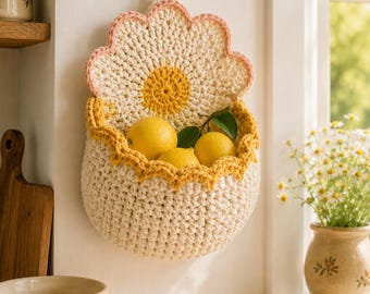 Schema PDF per cestino da parete all'uncinetto a forma di margherita, cestino di fiori da appendere, decorazione per la cucina.