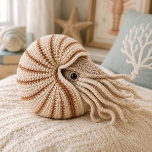 May include: A crocheted nautilus plush toy featuring a spiral shell with alternating cream and brown stripes. The creature has a textured tan head, a single visible black eye, and multiple long, slender, dangling tentacles extending outward.