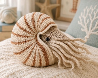 Schema per uncinetto Nautilus in PDF, amigurumi a conchiglia, decorazione a tema oceano all'uncinetto, schema per peluche nautico