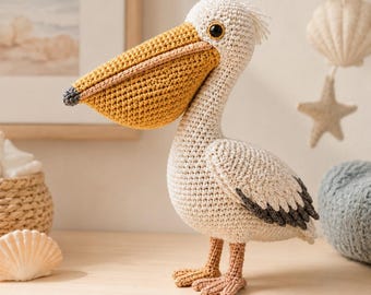 Schema PDF per realizzare un pellicano all'uncinetto, schema amigurumi per pellicano, tutorial per uccelli all'uncinetto, decorazioni per la cameretta a tema marino, peluche di uccello marino