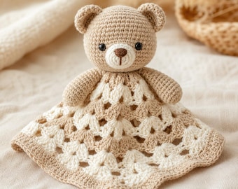 Crochet Bear Lovey Blanket, Baby Security Blanket, Handmade Teddy Bear Lovey, Neutral Baby Gift, Amigurumi Comforter