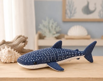 Schema PDF per realizzare uno squalo balena all'uncinetto, schema amigurumi per squalo balena, uncinetto di animali oceanici, tutorial per realizzare peluche di vita marina