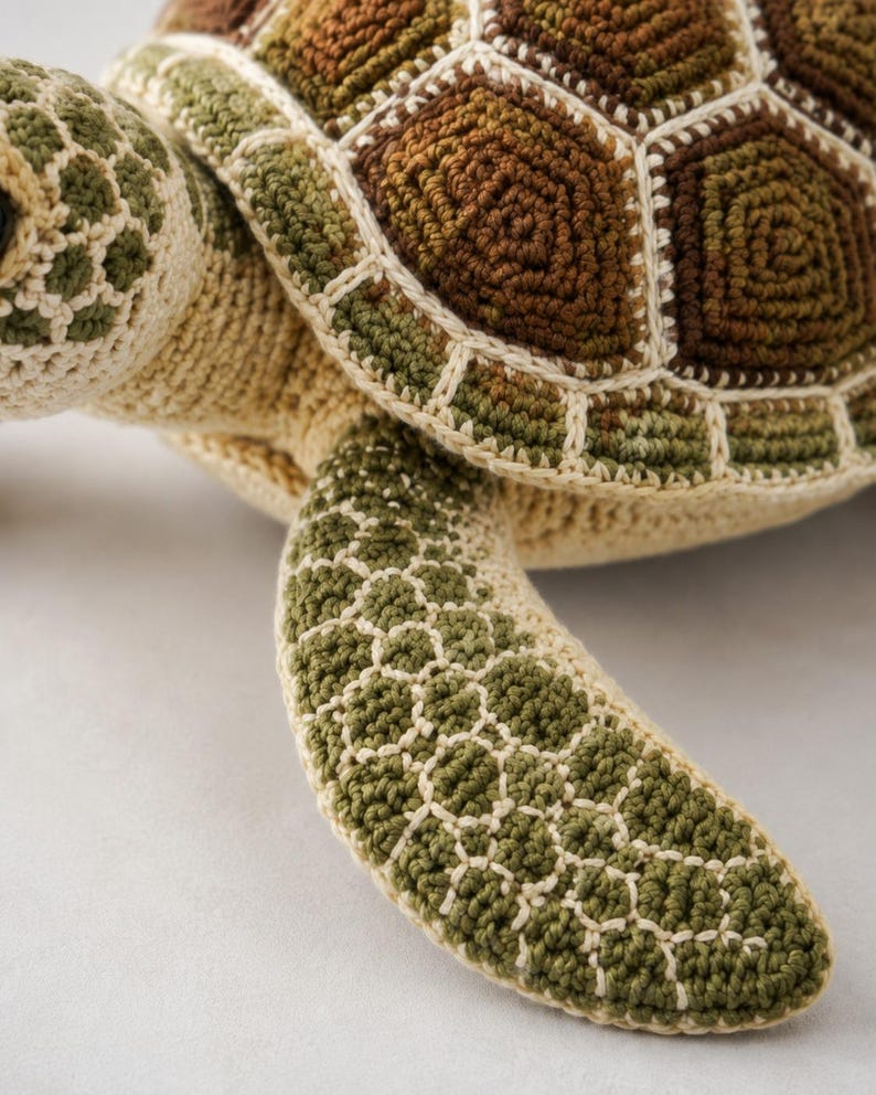 Pu&ograve; includere: Un giocattolo a forma di tartaruga realizzato all'uncinetto con un guscio dettagliato nei toni del marrone e del verde, accentuato da cuciture color crema. La testa e le pinne presentano un motivo testurizzato verde oliva e crema lavorato.