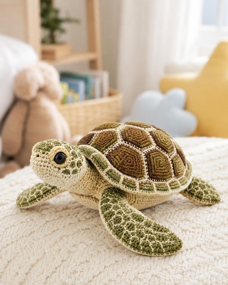 Pu&ograve; includere: Un peluche a forma di tartaruga marina realizzato all'uncinetto, con testa e pinne beige chiaro e dettagli verde scuro. Il guscio &egrave; composto da toppe esagonali nei toni del marrone e del verde oliva, rifinite con cuciture in filo color crema.