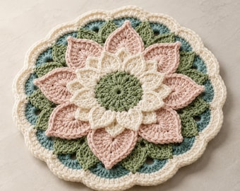 Crochet Flower Coaster Pattern, Lotus Mandala Coaster PDF, Floral Mug Rug, Boho Table Decor Crochet Pattern