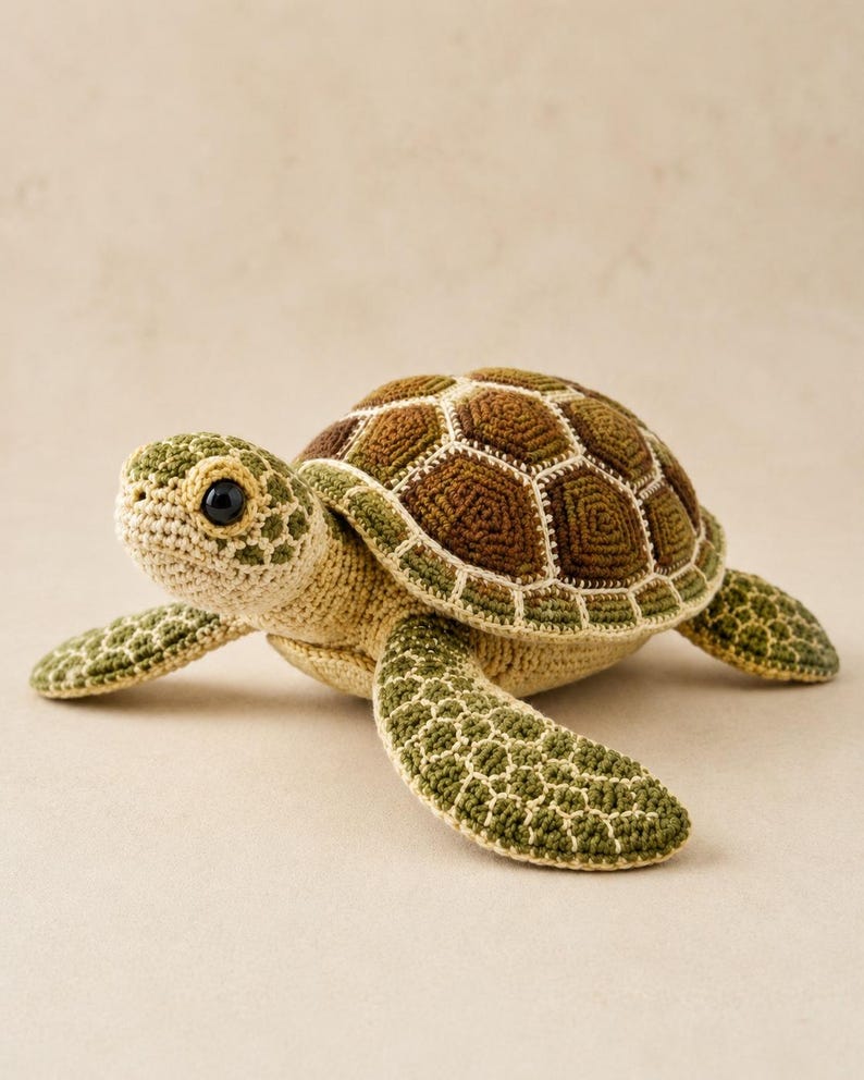 Pu&ograve; includere: Un peluche a forma di tartaruga marina realizzato all'uncinetto, con testa e ventre color beige chiaro e un guscio testurizzato composto da toppe esagonali marrone scuro e verde oliva. Presenta due occhi in plastica nera e quattro pinne.