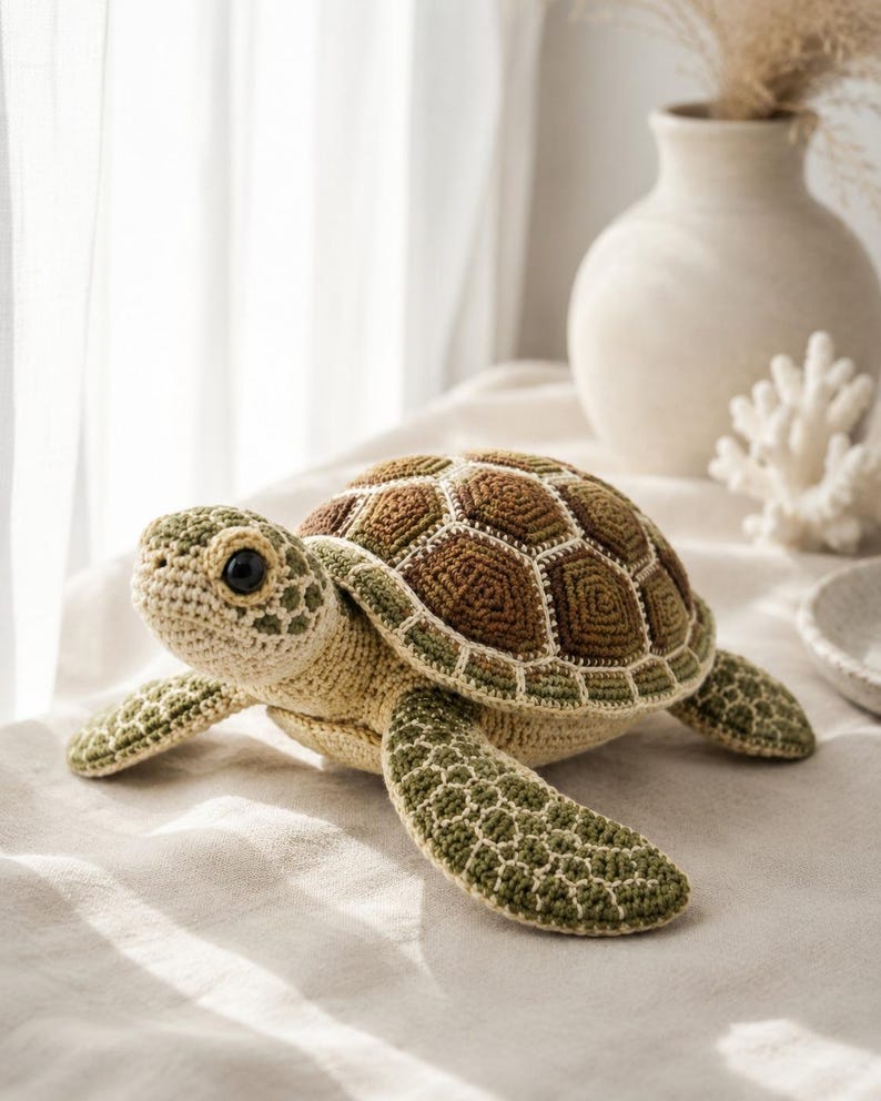 Pu&ograve; includere: Un peluche a forma di tartaruga marina realizzato all'uncinetto, con parte inferiore e testa color crema e dettagli verdi. Il guscio &egrave; composto da motivi esagonali marroni e verde scuro bordati con filo bianco. Occhi scuri e lucidi.