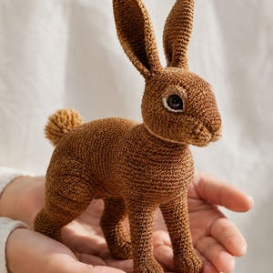 May include: A brown crocheted rabbit figurine with long upright ears, a small pom-pom tail, and dark eyes with white stitching detail. The rabbit is crafted with a dense, textured stitch pattern and stands on four legs in a natural, alert pose.