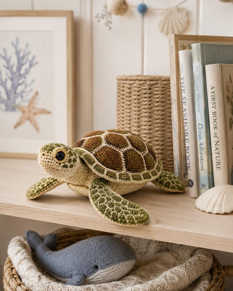 Pu&ograve; includere: Un peluche a forma di tartaruga marina realizzato all'uncinetto con un guscio esagonale testurizzato marrone e verde, testa e ventre beige chiaro e occhi scuri. La tartaruga presenta pinne dettagliate con motivi verdi e beige.