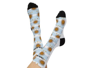 Personalized Argentina Socks Custom Name Crew Socks Sun of May Argentina Flag Soccer Fan Gift Unisex Cozy Socks