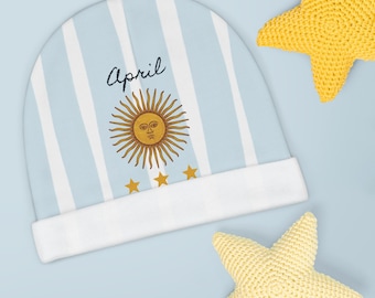 Argentina Baby Beanie Sun of May Newborn Hat Argentine Baby Gift Sky Blue White Infant Cap Three Stars Baby Shower Gift