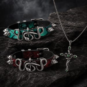 Gothic Snake Choker, Red or Green Faux Python Collar, Spike Stud Punk Jewelry, Cross Necklace, Gothic Bracelet