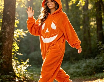 Gemütlicher orangefarbener Kürbis-Kapuzenoverall für Halloween-Partys und als Schlafanzug, süße Herbst-Loungewear, Must-have-Outfit für die Gruselsaison, Geschenkidee für Sie