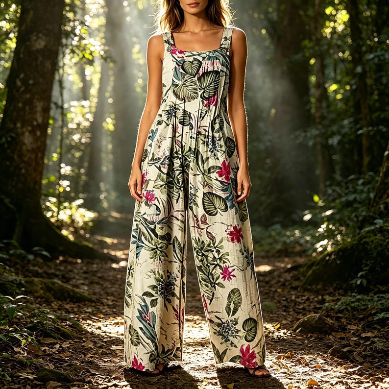 K&ouml;nnte beinhalten: Ein &auml;rmelloser Jumpsuit mit weitem Bein auf cremefarbener Basis, bedruckt mit einem lebendigen botanischen Muster aus gro&szlig;en gr&uuml;nen Tropenbl&auml;ttern und leuchtend pinken Bl&uuml;ten. Das Kleidungsst&uuml;ck hat einen eckigen Ausschnitt und breite Tr&auml;ger.