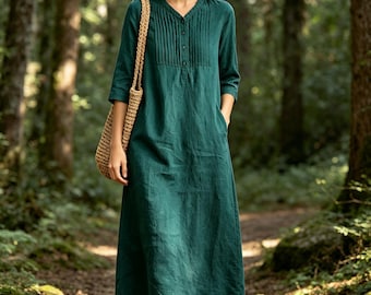 Abito da donna in lino svolazzante, abito casual in canapa per tutti i giorni, abito ampio in lino con scollo a V e maniche a tre quarti plissettate, abito tunica lungo estivo con tasche