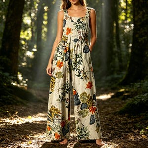 K&ouml;nnte beinhalten: Ein &auml;rmelloser Jumpsuit mit weitem Bein aus hellbeigem Stoff mit einem lebendigen botanischen Druck aus orangefarbenen Blumen und dunkelgr&uuml;nen Bl&auml;ttern. Das Kleidungsst&uuml;ck hat einen eckigen Ausschnitt, breite Tr&auml;ger und seitliche Eingrifftaschen.