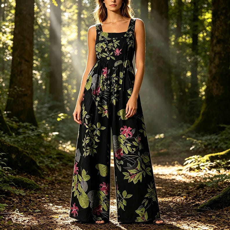 K&ouml;nnte beinhalten: Ein schwarzer &auml;rmelloser Jumpsuit mit quadratischem Ausschnitt und weit geschnittenen Hosenbeinen. Das Kleidungsst&uuml;ck ist mit einem botanischen Druck aus gr&uuml;nen Bl&auml;ttern und rosa Bl&uuml;ten versehen, die sich vom Oberteil bis zum Saum verteilen.