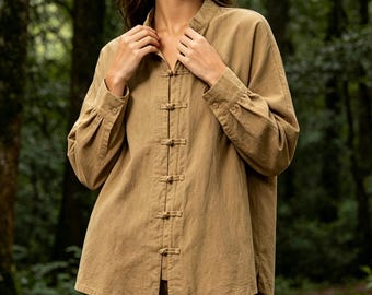 Zen-Stil Baumwoll-Leinen-Hemd,Übergroße Jacke mit Frosch-Knopf,Vintage Stehkragen-Bluse,Lässiges Leinen-Oberteil,Minimalistische Tee-Zeremonie-Kleidung