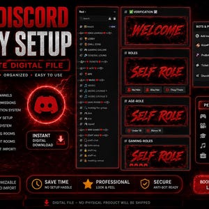 May include: A digital Discord server template featuring a red and black theme. The layout includes organized channels, custom roles, a welcome and verification system, and ticket support. Text includes RED DISCORD FULLY SETUP, WELCOME, SELF ROLE, and BOTS & PERMS.