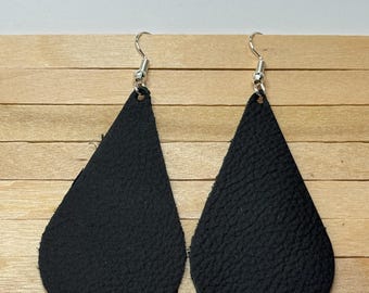 Black Leather Teardrop Earrings