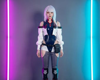 Disfraz completo de Lucy Edgerunners de Cyberpunk / Traje de Netrunner de pelo blanco para fiesta de Halloween