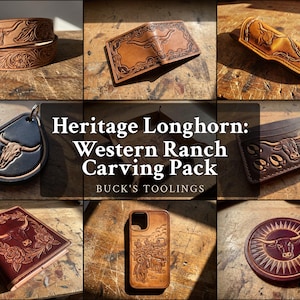 May include: A collection of tan and dark brown leather goods featuring longhorn steer carvings, including a belt, wallet, knife sheath, keychain, valet tray, card holder, notebook cover, phone case, and coaster, labeled Heritage Longhorn: Western Ranch Carving Pack.