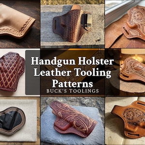 Pode incluir: Uma coleção de coldres de couro para pistolas com vários designs gravados e trabalhados à mão, incluindo padrões florais, geométricos e de fauna em tons de bege, castanho e preto, com o texto Handgun Holster Leather Tooling Patterns.