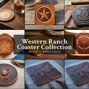 Puede incluir: Una colección de posavasos de cuero con varios diseños en relieve, incluyendo una estrella, un caballo, una fogata y patrones geométricos. El conjunto está etiquetado como Western Ranch Coaster Collection de Buck's Toolings e incluye formas redondas, cuadradas y hexagonales.