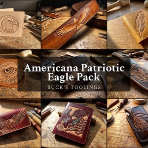 Americana Eagle Läderverktygsmönster - 9 patriotiska örnhuvuddesigner för plånbok med myntficka och nyckelringar - Utskrivbar PDF Digital Nedladdning