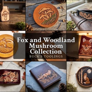Woodland Fox & Mushroom Leather Tooling Patterns - 9 Beginner Designs for Key Fobs, Keychains, Zipper Pulls - Printable PDF Digital Download