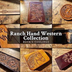 Puede incluir: Una colección de artículos de cuero repujado que incluye cinturones, carteras y diarios con diseños en relieve de una rosa, una herradura con trébol, un caballo encabritado, un cráneo de buey, motivos florales, cabeza de caballo y estrella.