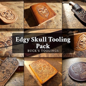 May include: A collection of leather items featuring embossed skull designs, including a belt, knife sheath, notebook cover, and coaster. The text "Edgy Skull Tooling Pack" and "BUCK'S TOOLINGS" is centered over the images of various leather goods.