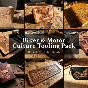 Pode incluir: Uma coleção de artigos de couro com desenhos em relevo, incluindo chamas, uma caveira com chaves inglesas, uma águia, um pistão, uma motocicleta e um cantil com uma caveira alada, com o texto Biker & Motor Culture Tooling Pack.