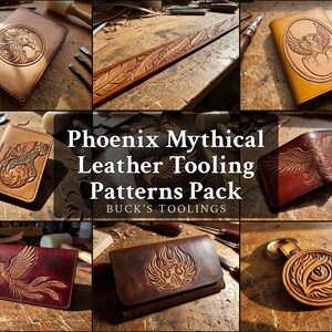以下が含まれることがあります： Buck's ToolingsによるPhoenix Mythical Leather Tooling Patterns Packをフィーチャーした革製品コレクション。ジャーナル、財布、ベルト、キーホルダーが含まれており、すべてタンやレッドのレザーにフェニックスや炎の複雑なエンボス加工が施されています。