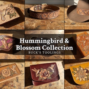 May include: A collection of leather goods featuring hummingbird and blossom designs, including wallets, a collar, a hat band, and bags. The items display intricate floral and bird tooling with various natural leather tones and painted accents.