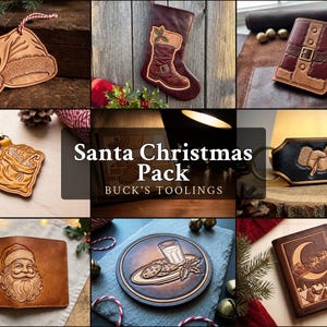 Könnte beinhalten: Eine Sammlung von Lederwaren mit dem Text Santa Christmas Pack und Buck's Toolings, darunter ein Weihnachtsmannmützen-Anhänger, ein Stiefel-Strumpf, eine Weihnachtsmann-Anzug-Geldbörse, ein Geschenktüten-Schlüsselanhänger, ein Fäustling-Schlüsselanhänger, eine Weihnachtsmann-Porträt-Geldbörse, ein Keks-Untersetzer und eine Geldbörse mit Schlittenszene.