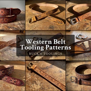 May include: A collection of nine leather belts featuring various Western-style floral and geometric tooling patterns, including a belt with a steer skull design and another with a turquoise concho buckle, all displayed in a grid layout.