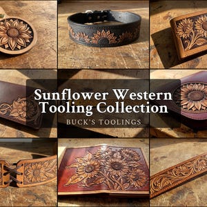 Könnte beinhalten: Eine Kollektion handgefertigter Lederwaren mit Sonnenblumenmotiven, darunter ein Schlüsselanhänger, ein Halsband, eine Geldbörse, eine Clutch, ein Gürtel und ein Notizbuchumschlag mit detaillierten floralen Schnitzereien auf Leder.