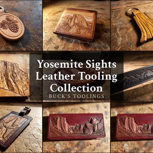 Peut inclure: Une collection d'articles en cuir gravé à la main représentant le parc national de Yosemite, incluant un porte-clés pomme de pin, un portefeuille, une ceinture, une étiquette de bagage et deux étuis rouges, avec le texte Yosemite Sights Leather Tooling Collection Buck's Toolings.