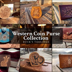 Könnte beinhalten: Eine Sammlung von neun Leder-Münzbörsen mit detaillierten Blumen-, Feder- und Kaktusprägungen in verschiedenen Formen und Farben wie Hellbraun, Türkis und Dunkelrot, mit dem Text Western Coin Purse Collection BUCK'S TOOLINGS.