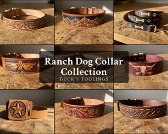 May include: A collection of eight leather dog collars and a leash featuring various hand-tooled designs including floral patterns, mountain landscapes, a bird, a longhorn skull, a star, and a braided motif, with the text Ranch Dog Collar Collection.